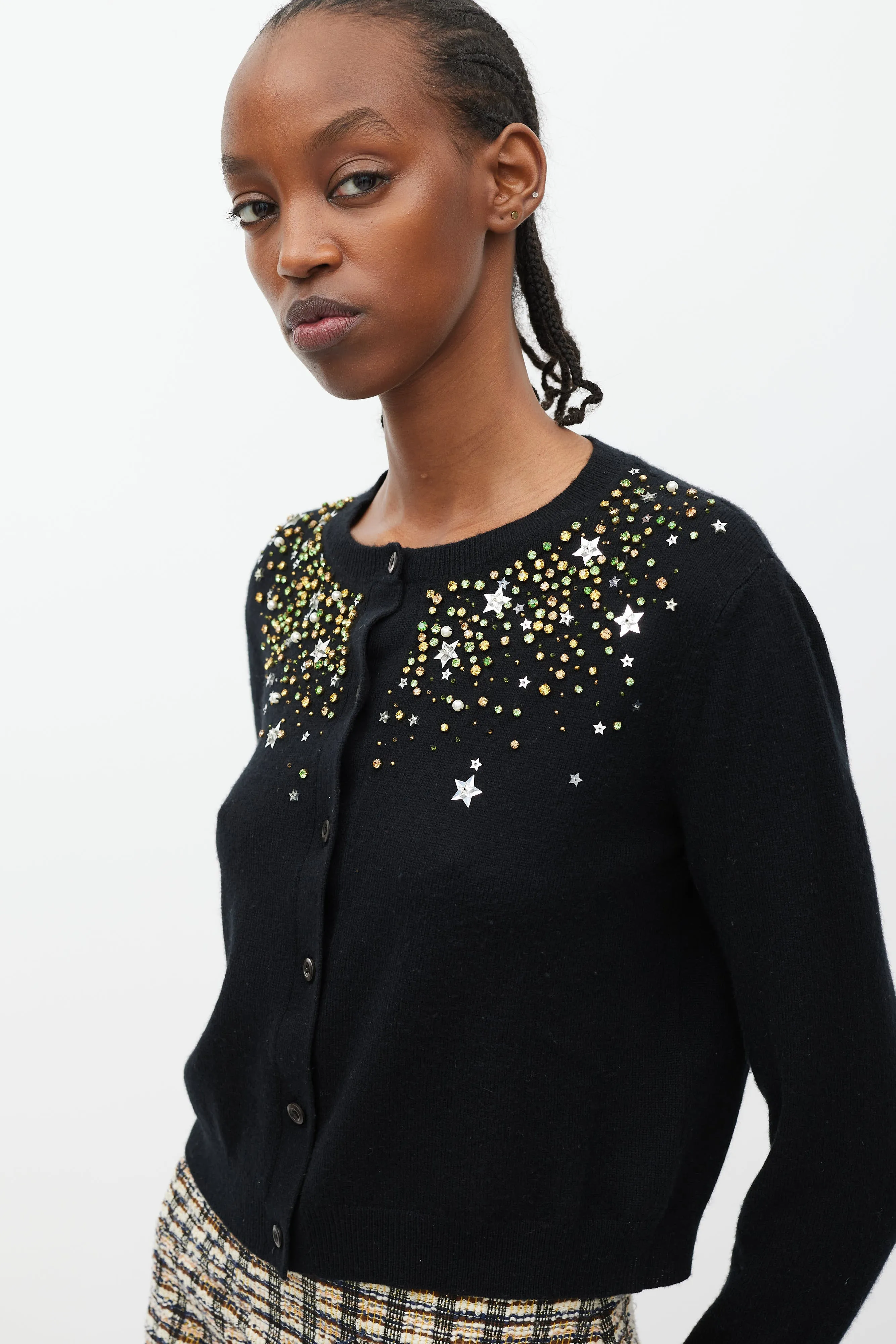 Black & Multicolour Crystal & Star Embellished Cardigan