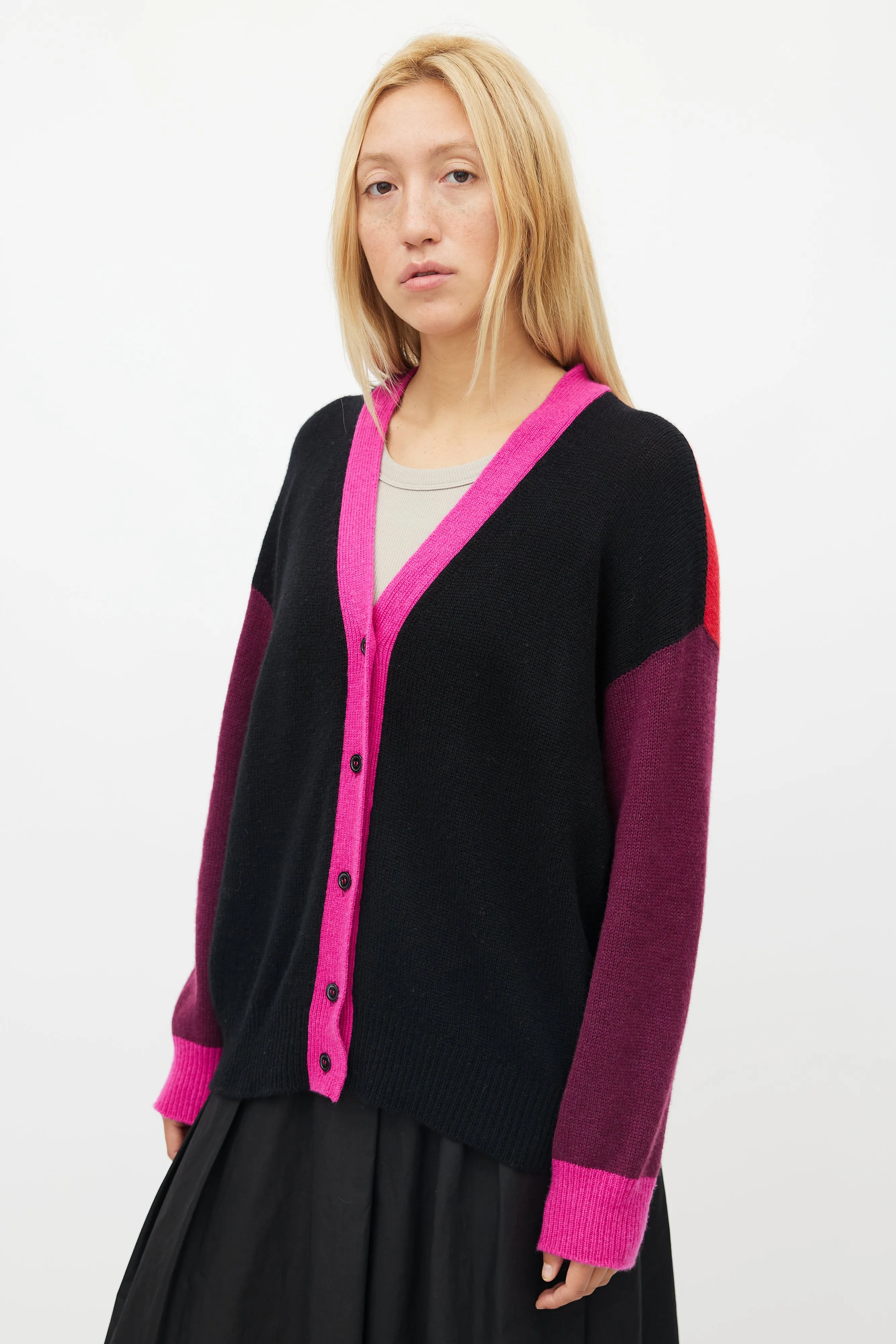 Black & Multicolour Panelled Cashmere Cardigan