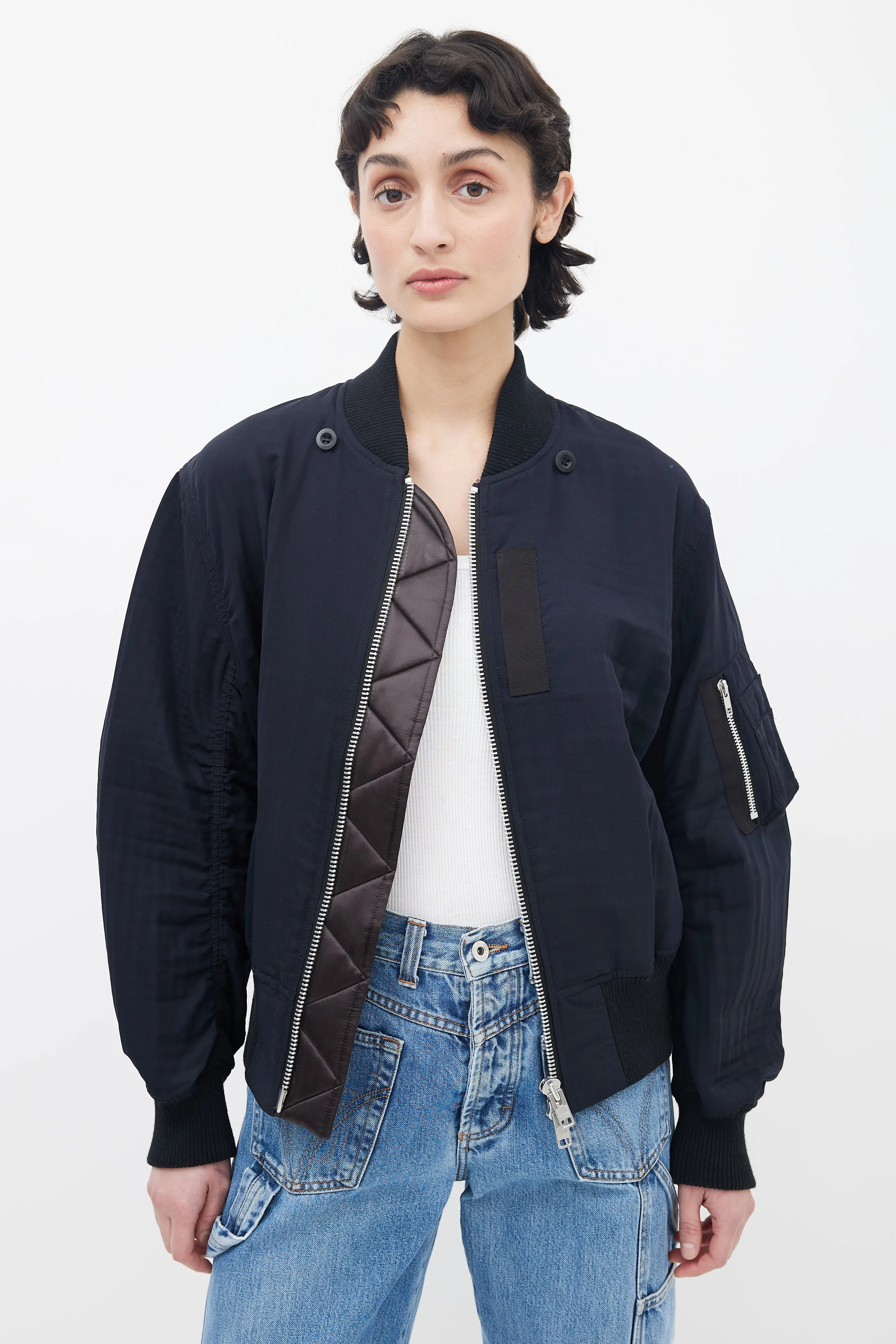 Black Nylon Full-Zip Belted Bomber Jacket