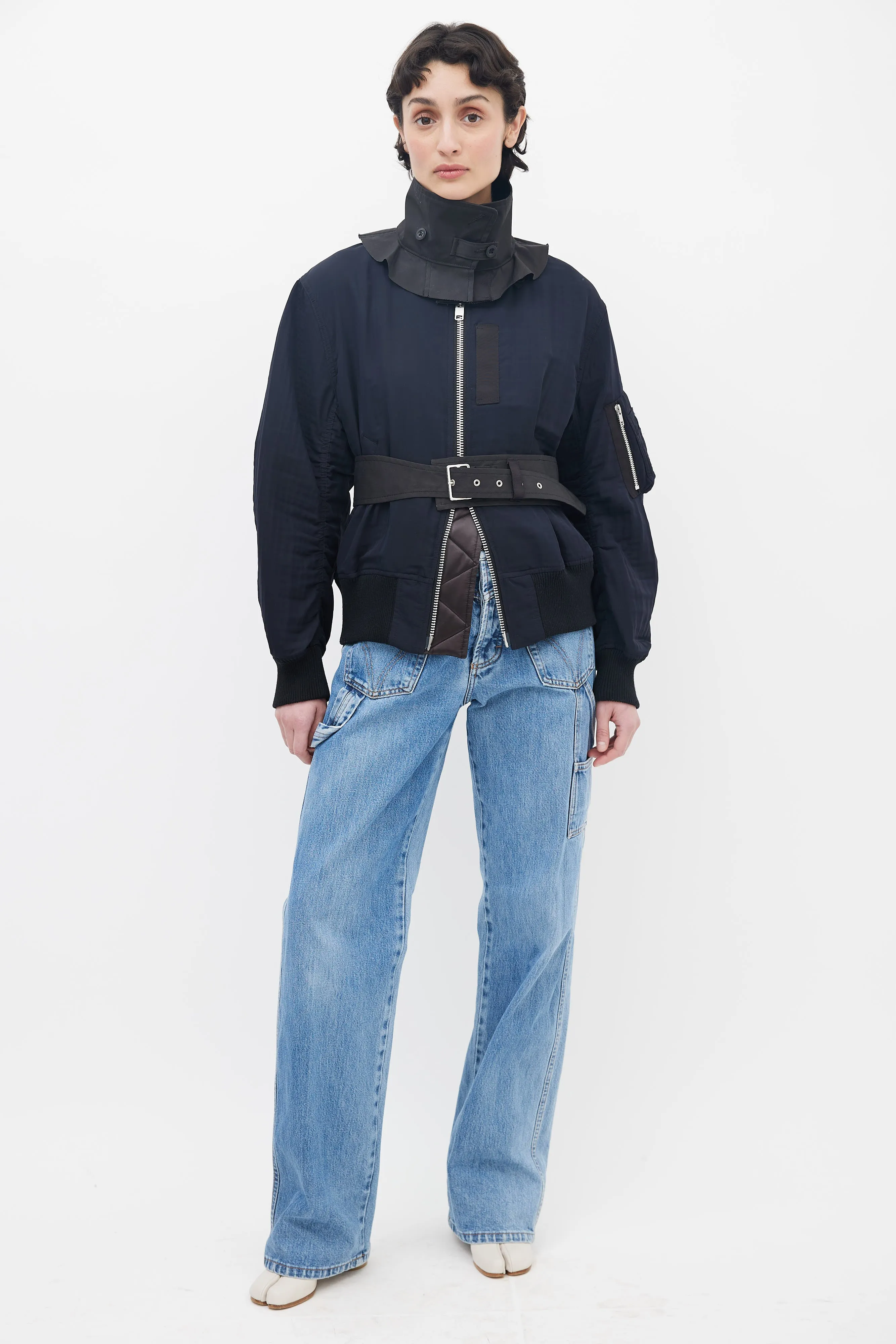 Black Nylon Full-Zip Belted Bomber Jacket