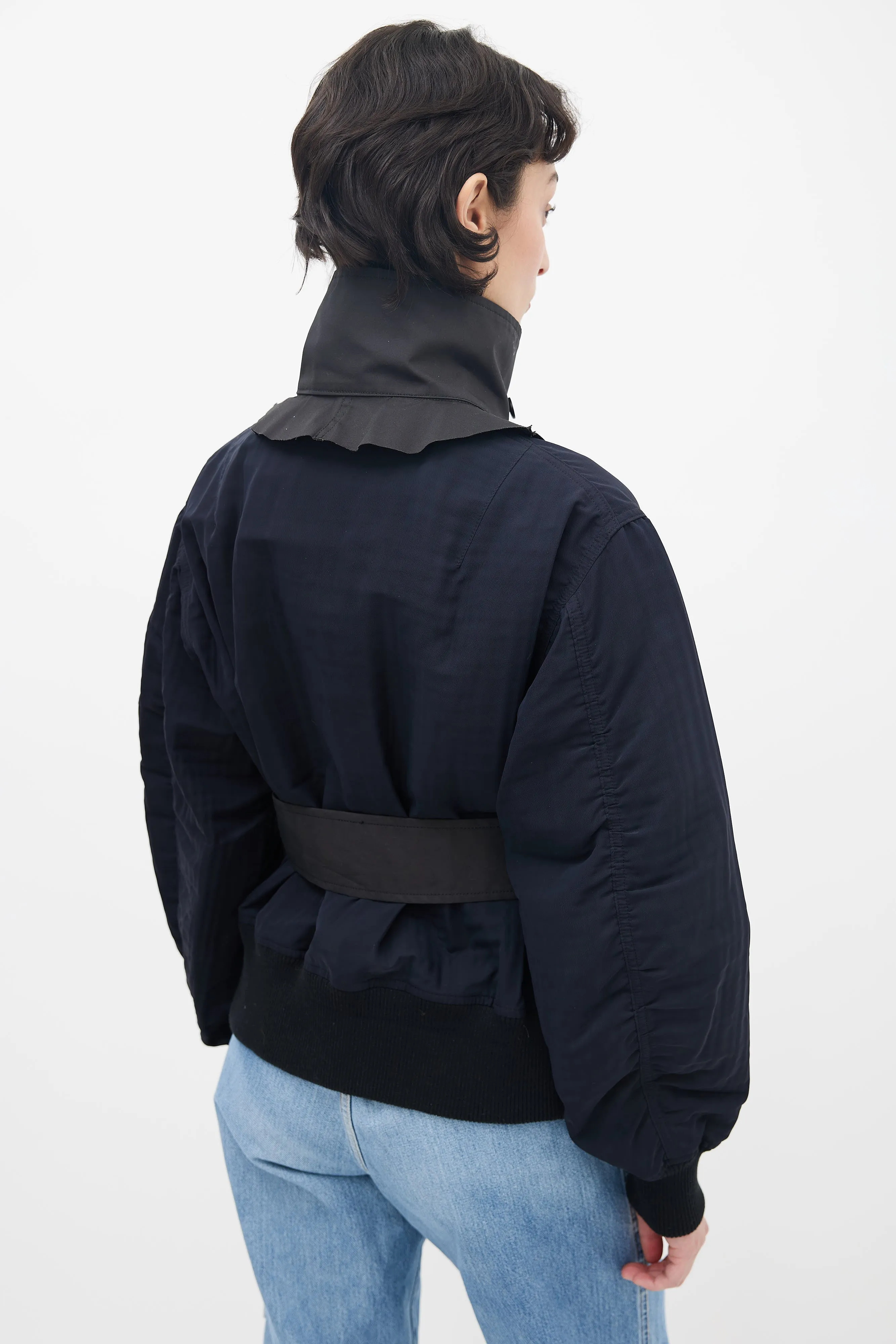 Black Nylon Full-Zip Belted Bomber Jacket