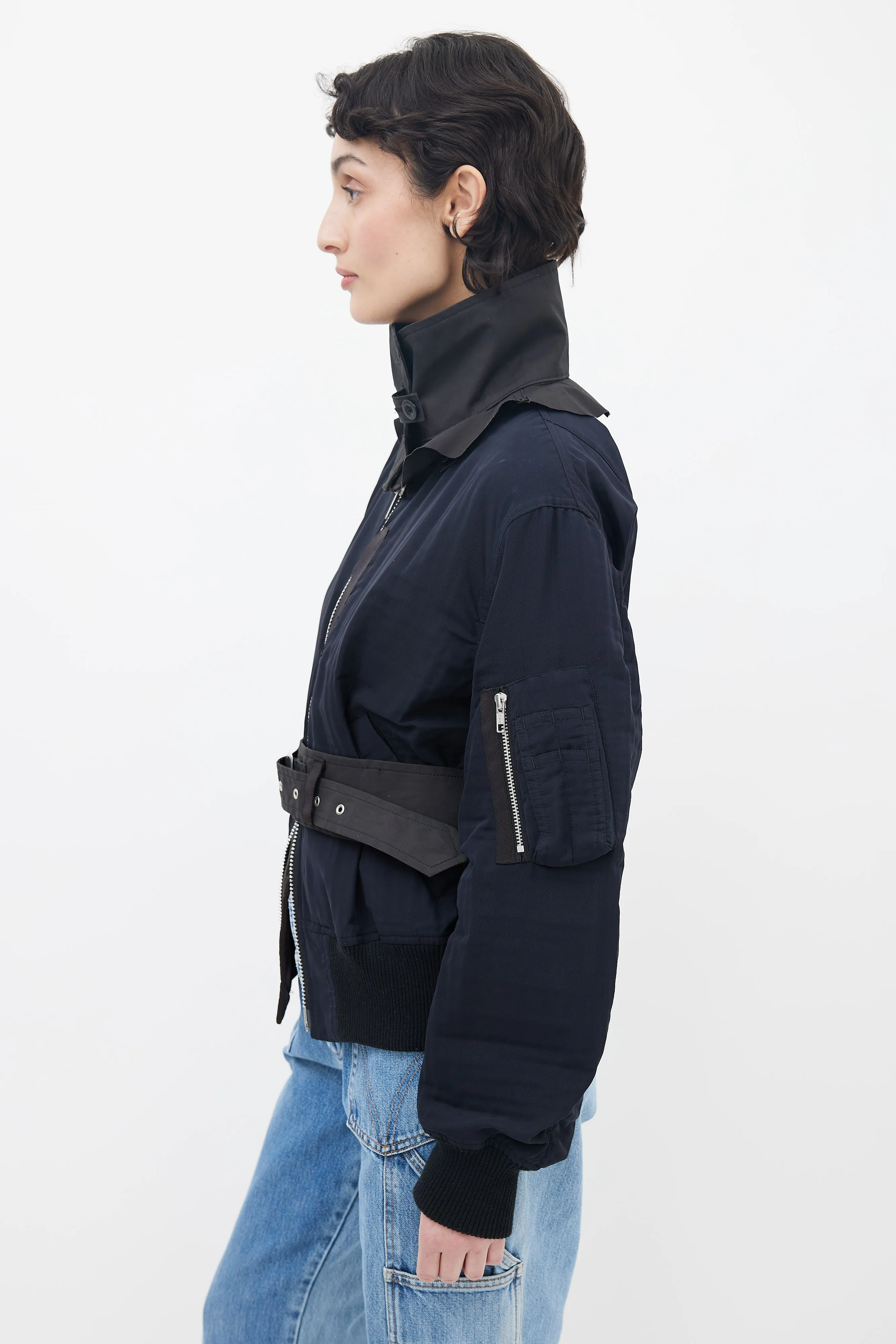 Black Nylon Full-Zip Belted Bomber Jacket