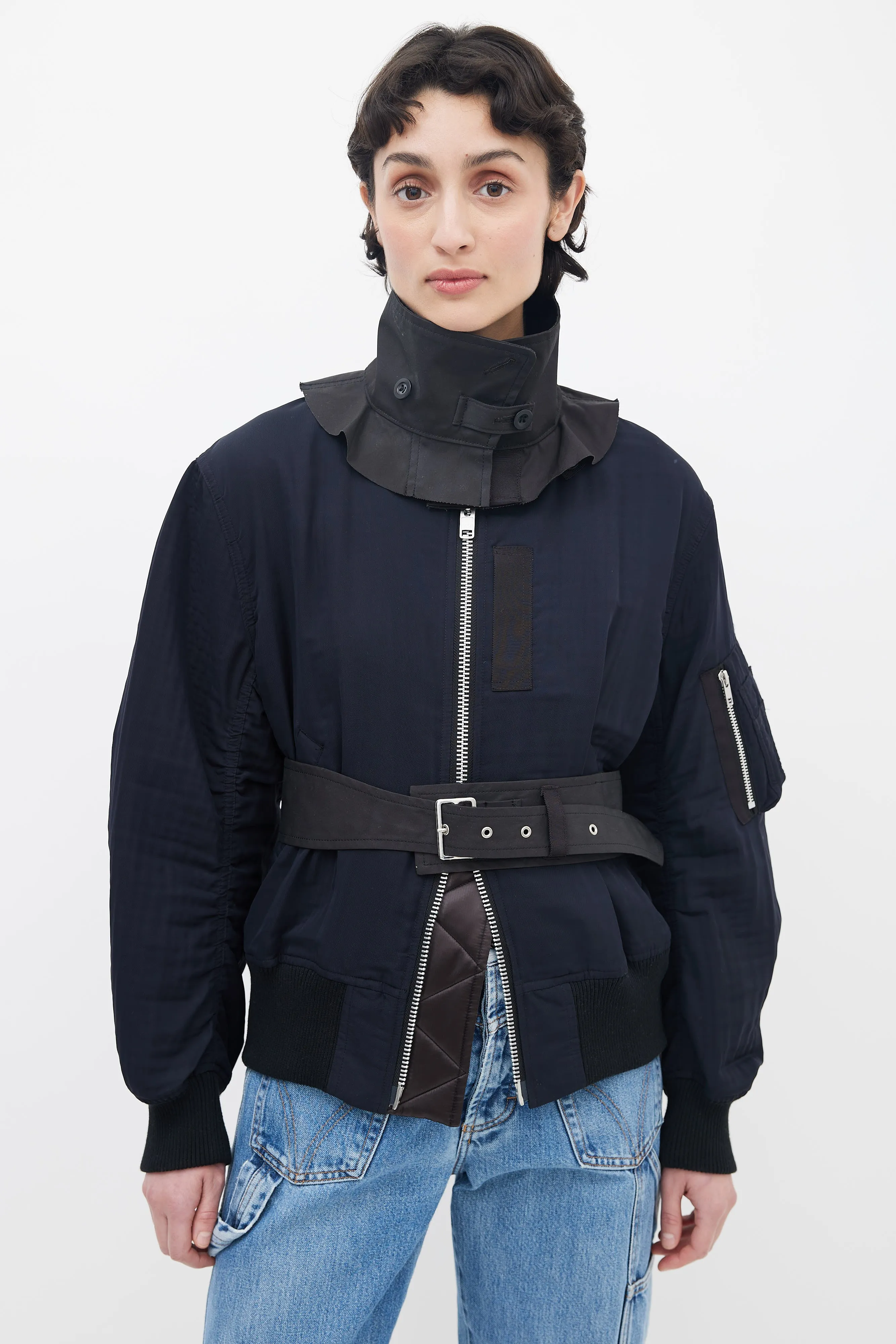 Black Nylon Full-Zip Belted Bomber Jacket