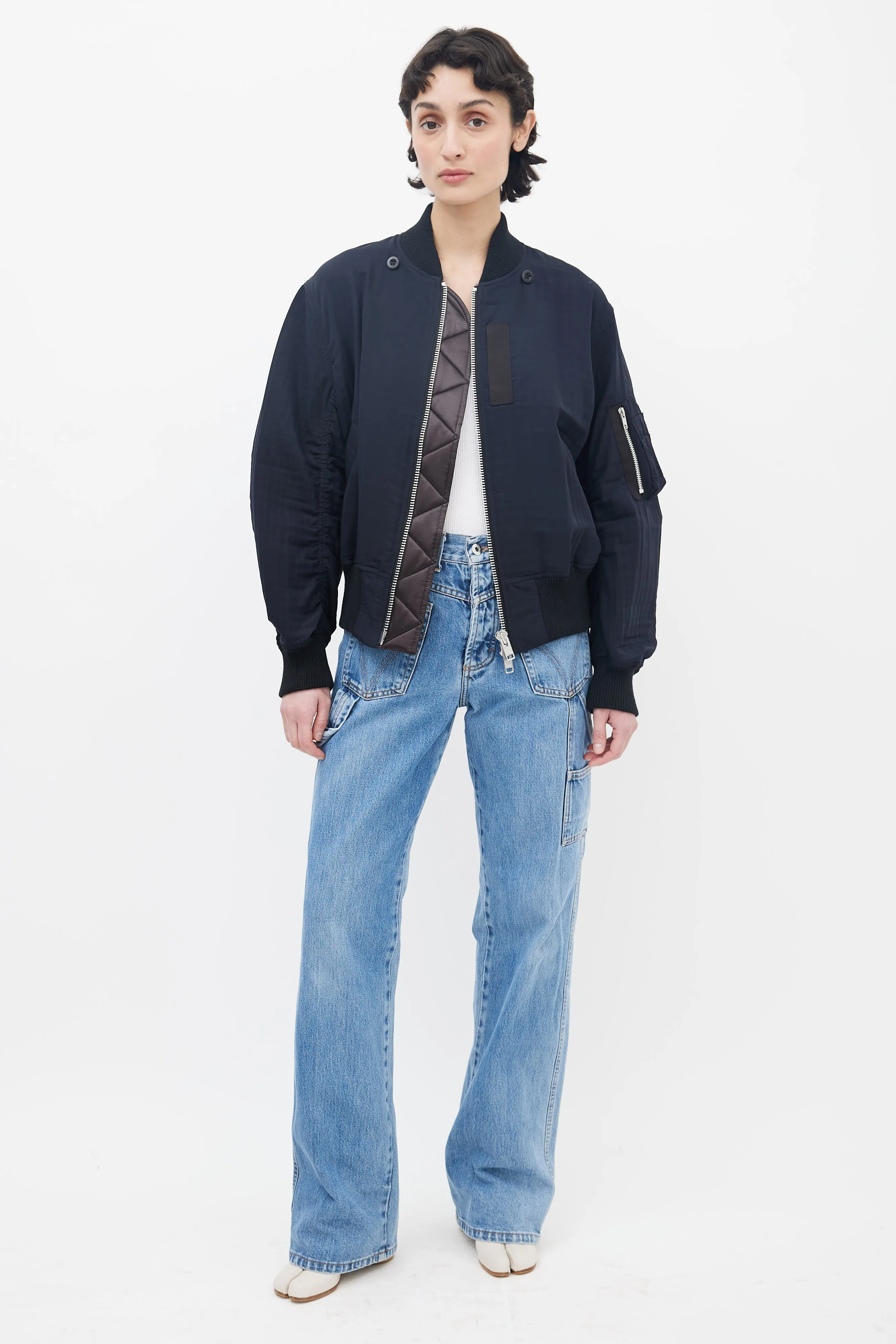 Black Nylon Full-Zip Belted Bomber Jacket