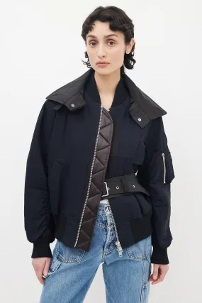 Black Nylon Full-Zip Belted Bomber Jacket