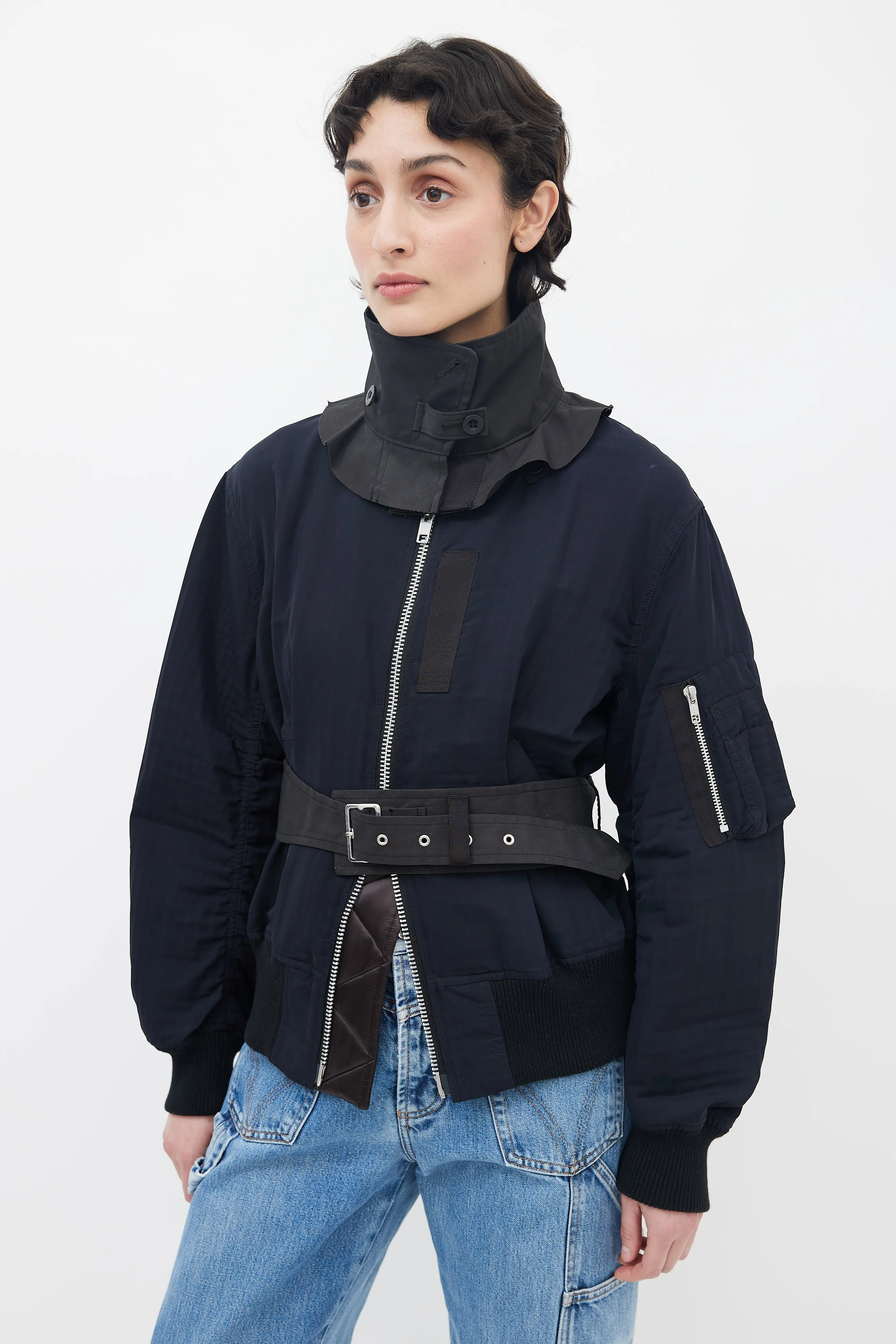 Black Nylon Full-Zip Belted Bomber Jacket