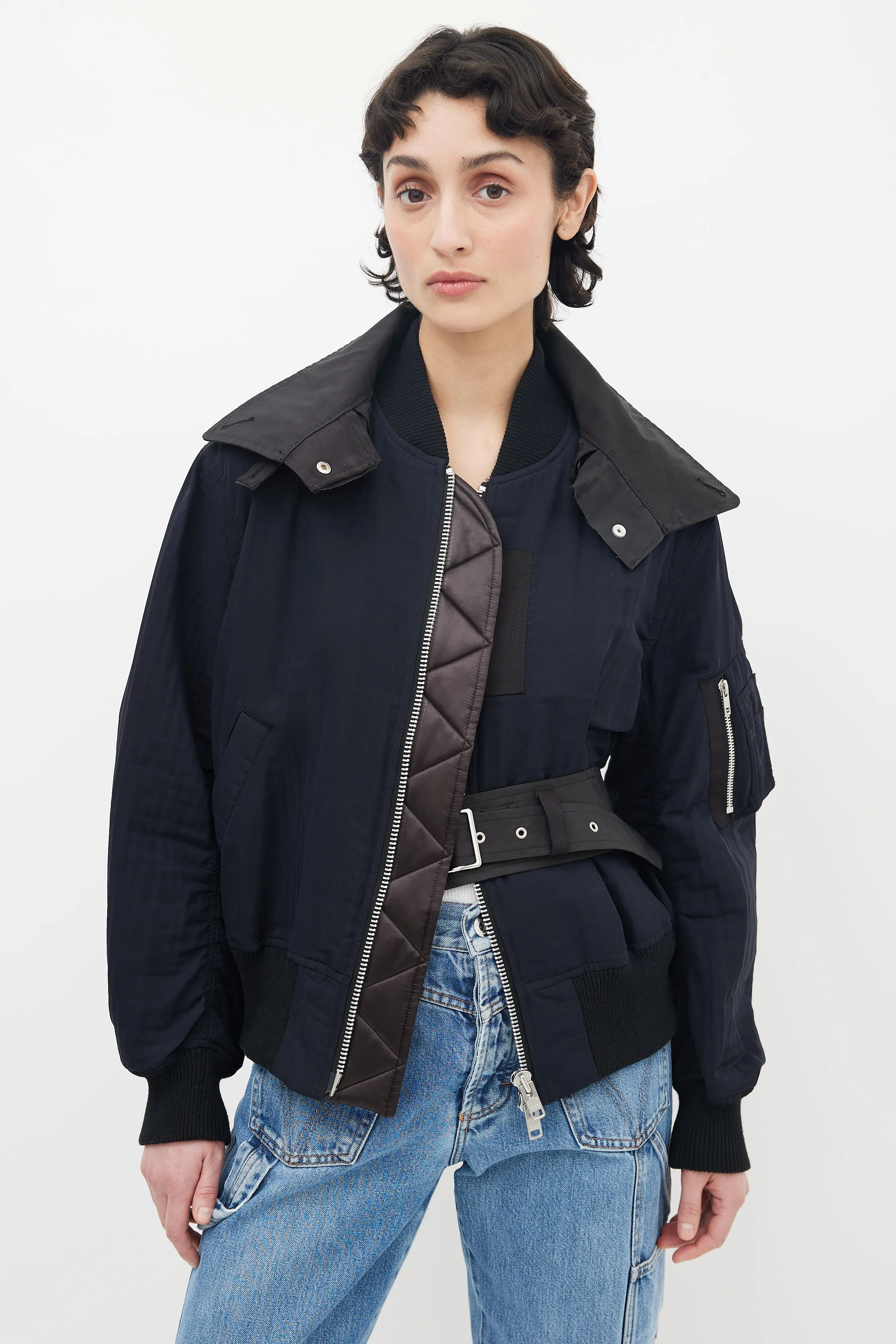 Black Nylon Full-Zip Belted Bomber Jacket