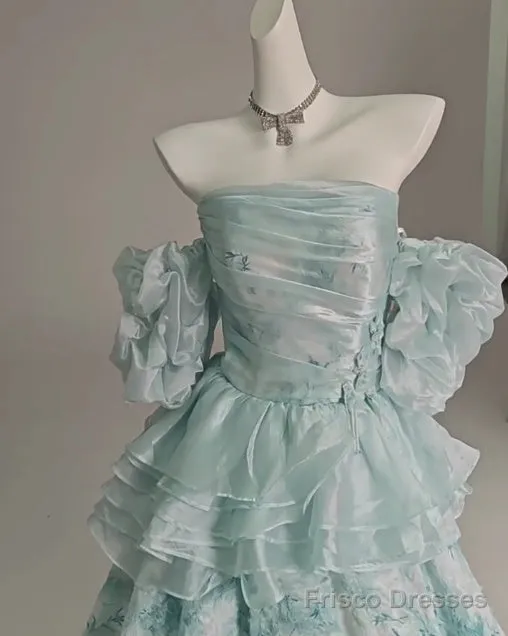 Blue Floral A-Line Strapless Organza Long Prom Dress Graduation Prom Dress