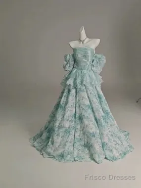 Blue Floral A-Line Strapless Organza Long Prom Dress Graduation Prom Dress