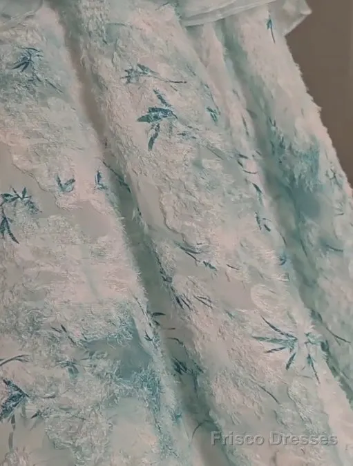 Blue Floral A-Line Strapless Organza Long Prom Dress Graduation Prom Dress