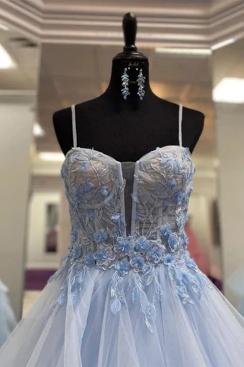 Blue Wedding Guest Dresses Straps Layers Floral A-line Long Prom Dress