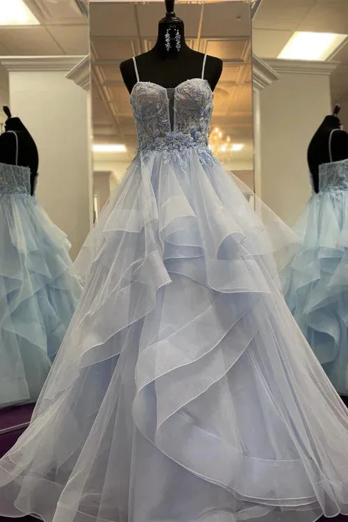 Blue Wedding Guest Dresses Straps Layers Floral A-line Long Prom Dress
