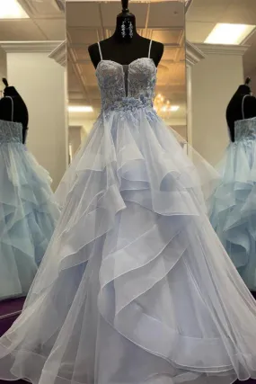 Blue Wedding Guest Dresses Straps Layers Floral A-line Long Prom Dress