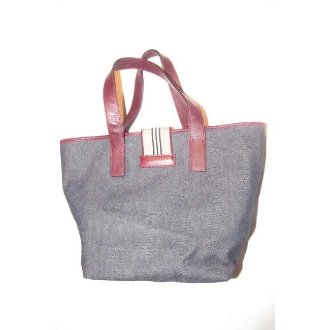 Burberry Bucket Style Dark Rinse Denim And Burgundy Leather Satchel