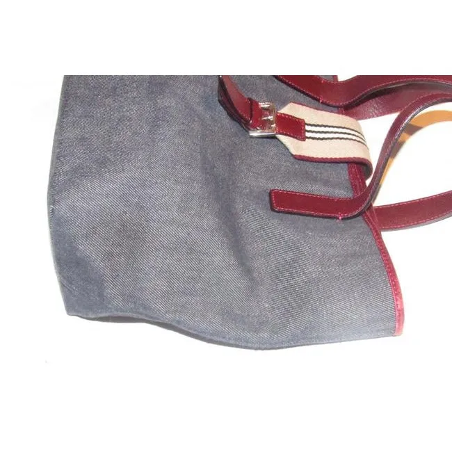 Burberry Bucket Style Dark Rinse Denim And Burgundy Leather Satchel