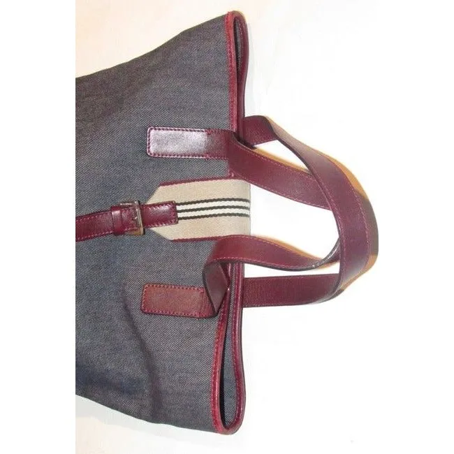 Burberry Bucket Style Dark Rinse Denim And Burgundy Leather Satchel