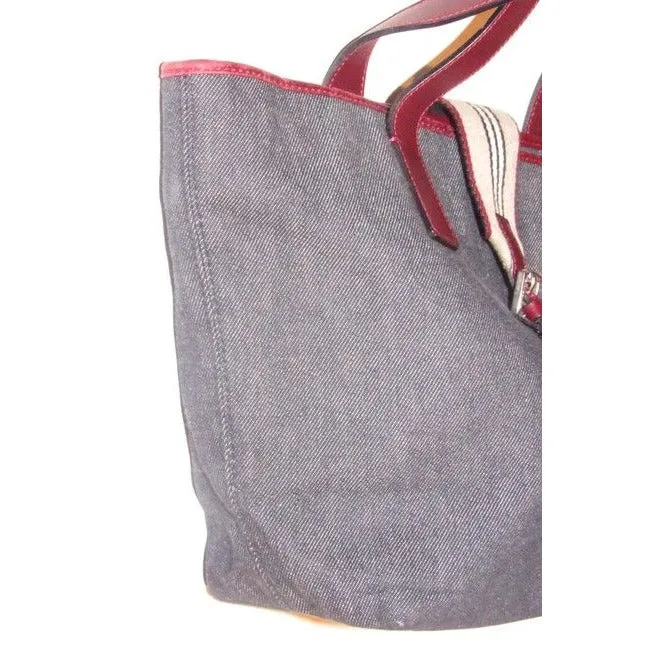 Burberry Bucket Style Dark Rinse Denim And Burgundy Leather Satchel