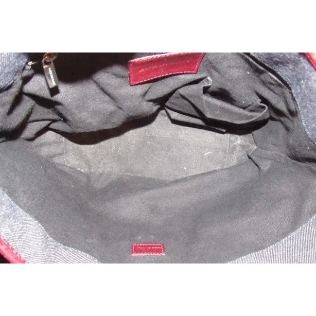 Burberry Bucket Style Dark Rinse Denim And Burgundy Leather Satchel