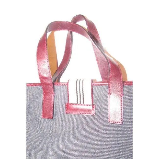 Burberry Bucket Style Dark Rinse Denim And Burgundy Leather Satchel