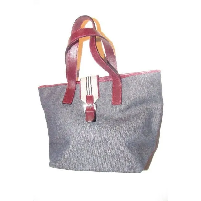 Burberry Bucket Style Dark Rinse Denim And Burgundy Leather Satchel