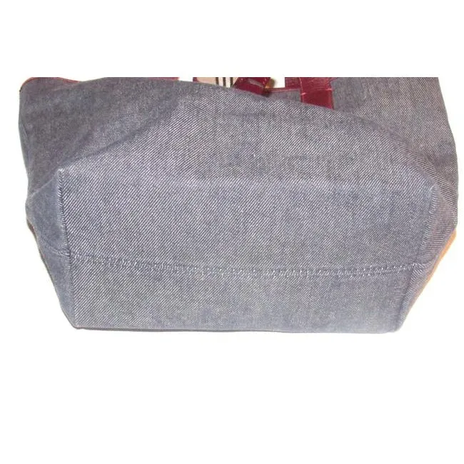 Burberry Bucket Style Dark Rinse Denim And Burgundy Leather Satchel