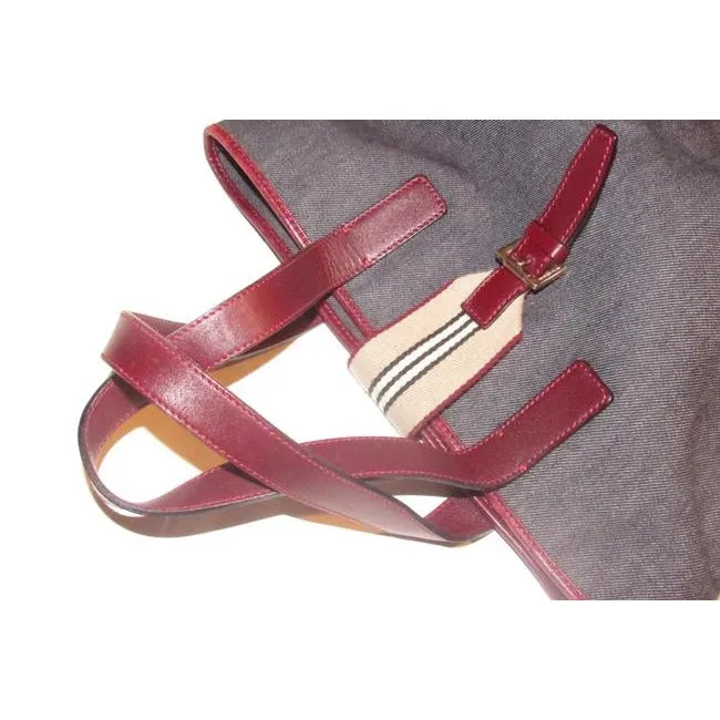 Burberry Bucket Style Dark Rinse Denim And Burgundy Leather Satchel