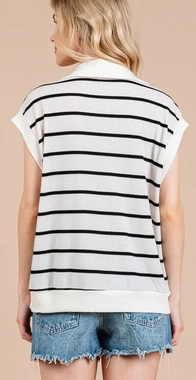 Ces Femme Collared Neck Contrast Striped Sweater Vest