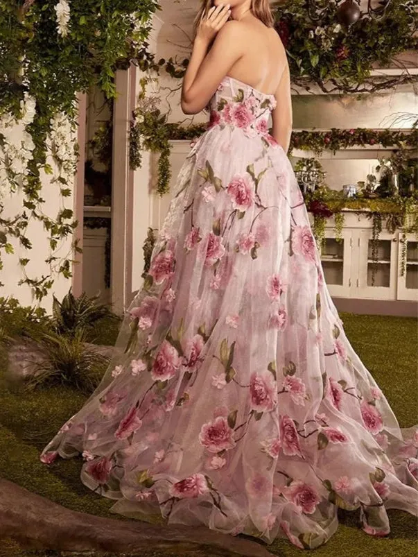 Charming A-Line/Princess Strapless Long Prom Floral Dresses With Split Side