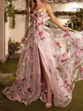 Charming A-Line/Princess Strapless Long Prom Floral Dresses With Split Side