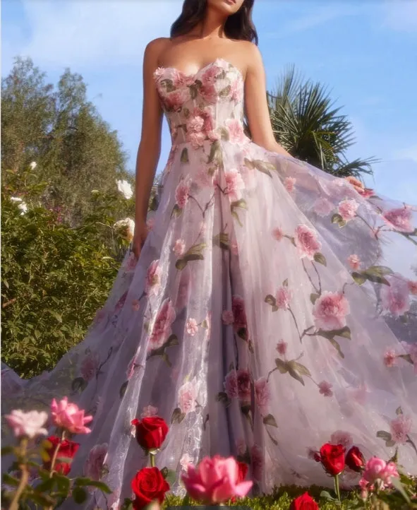 Charming A-Line/Princess Strapless Long Prom Floral Dresses With Split Side