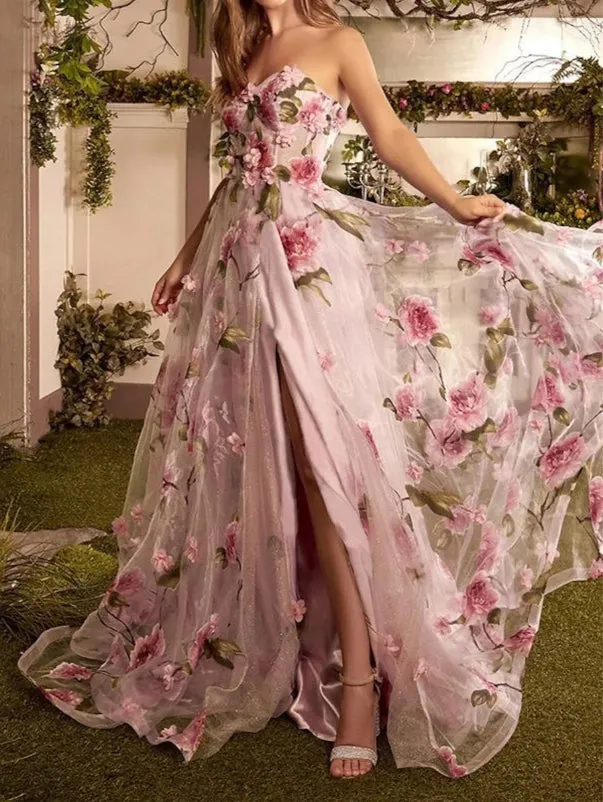 Charming A-Line/Princess Strapless Long Prom Floral Dresses With Split Side