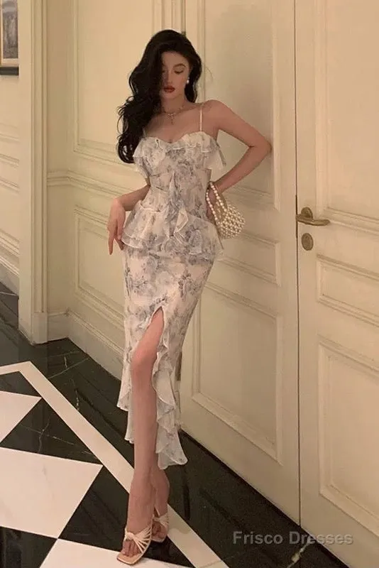 Classy Sheath Spaghetti Straps Chiffon Floral Prom Dresses Birthday Outfits Evening Gown
