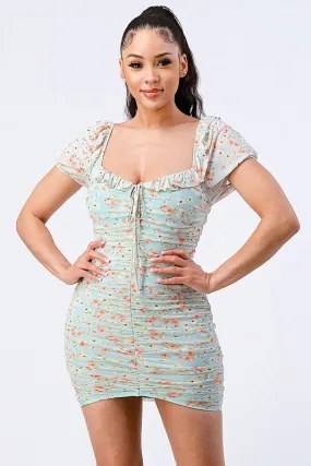 FLORAL RUFFLED SQUARE NECK RUCHED CHIFFON DRESS