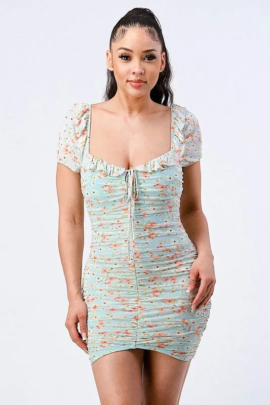 FLORAL RUFFLED SQUARE NECK RUCHED CHIFFON DRESS