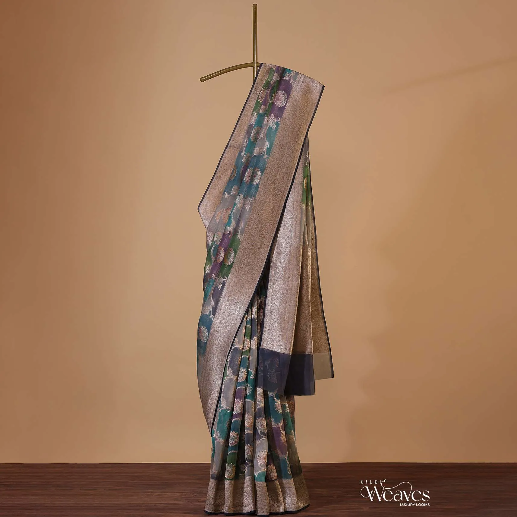 Fog Grey Zari Rangkat Weave Saree In Georgette With An Unstitched Blouse
