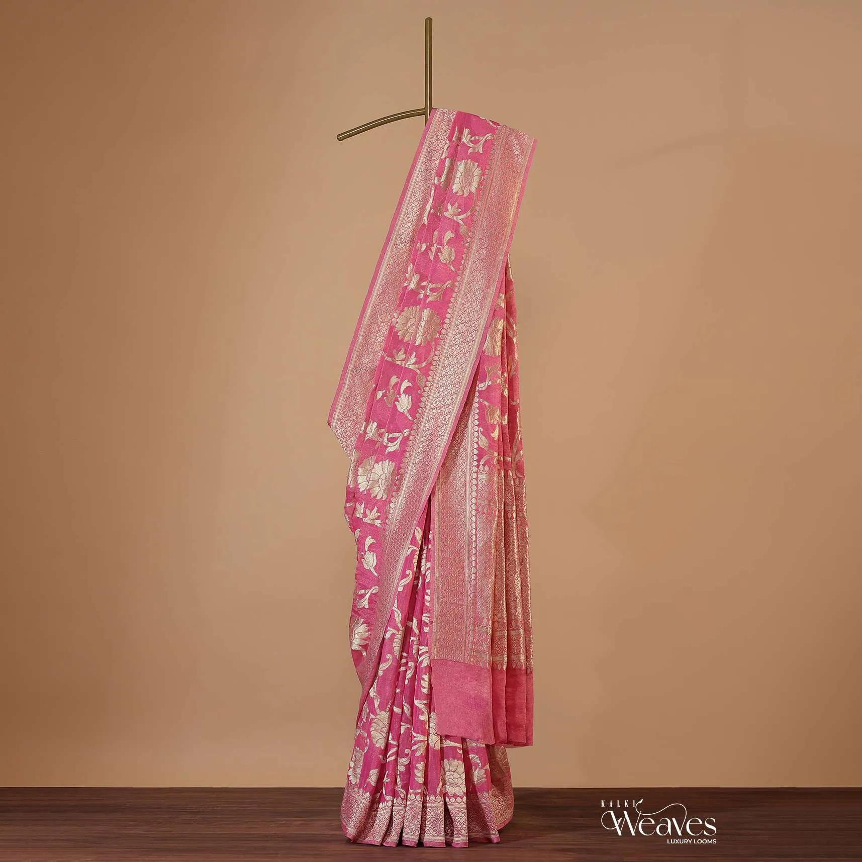 Fuschia Pink Saree In Tissue Georgette With Khaddi Work, Zari Weave And An Unstitched Blouse