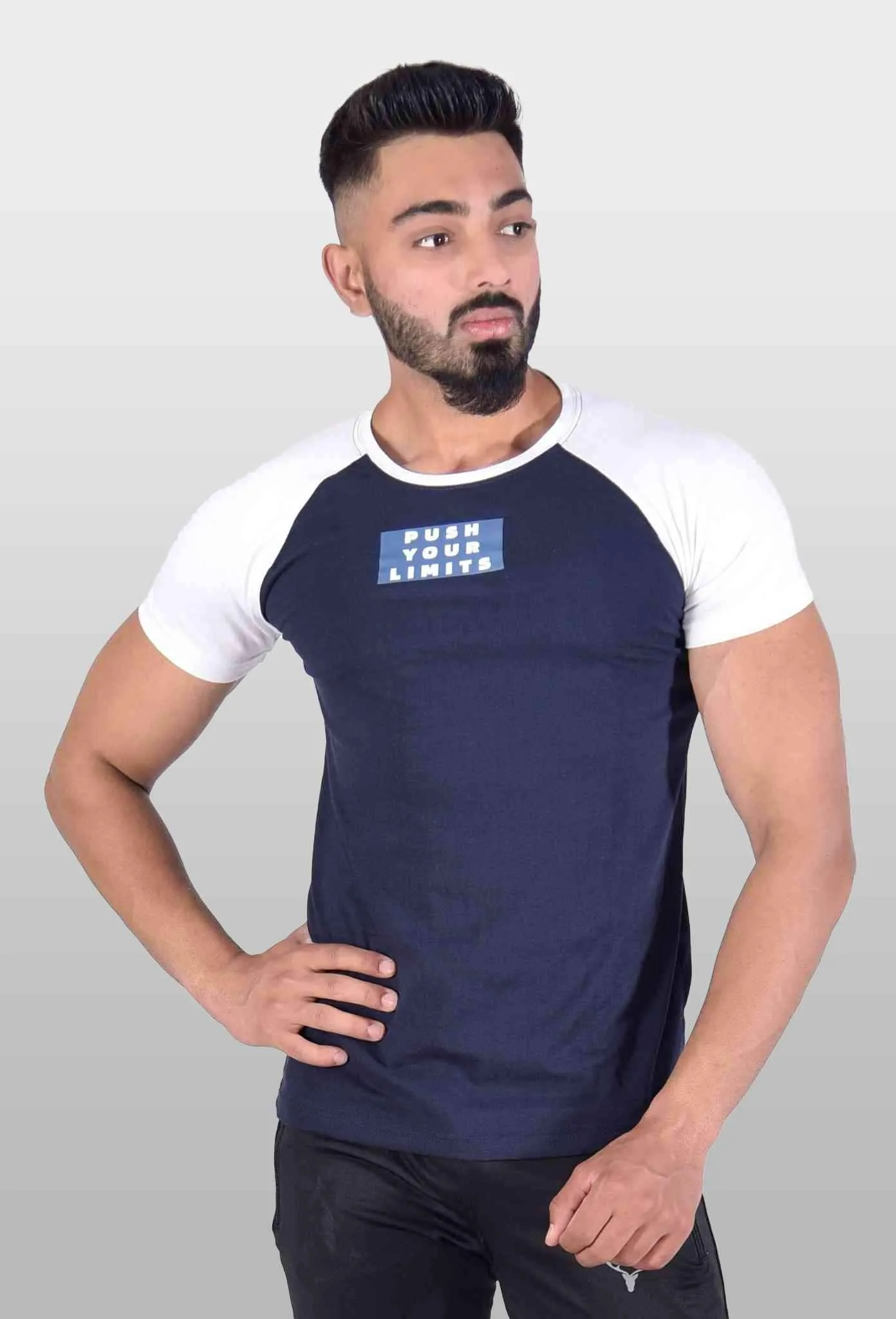 Hawk Raglan Cotton Tee (White & Navy Blue)