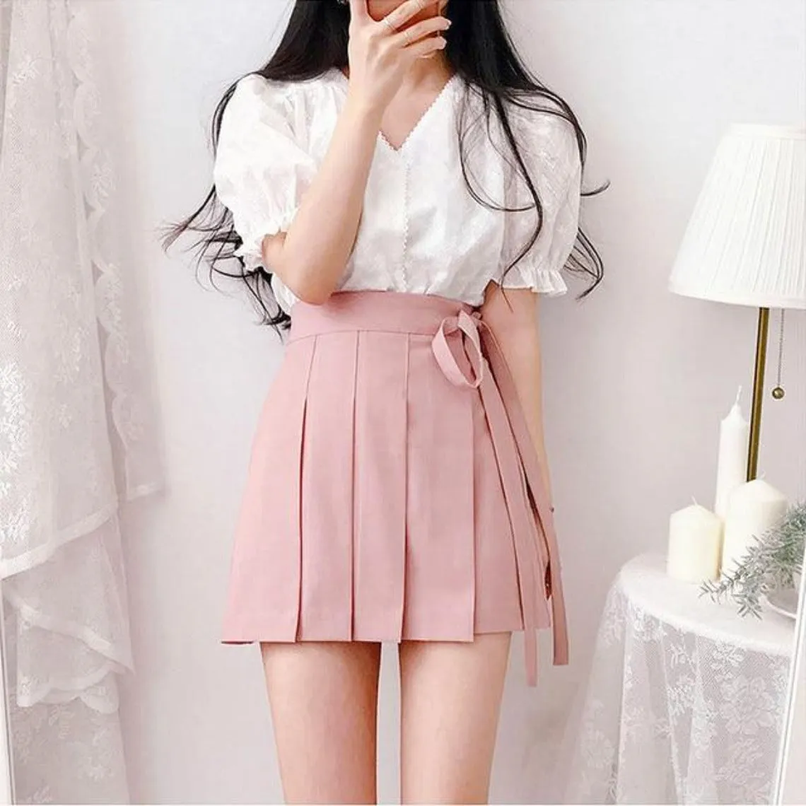 Korean Lace Up Pleated Style Mini Chic Skirts