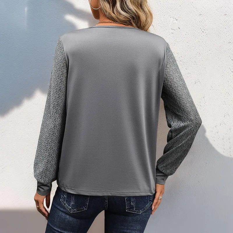 Lace Splicing Long Sleeves Stacked V-neck Solid Color