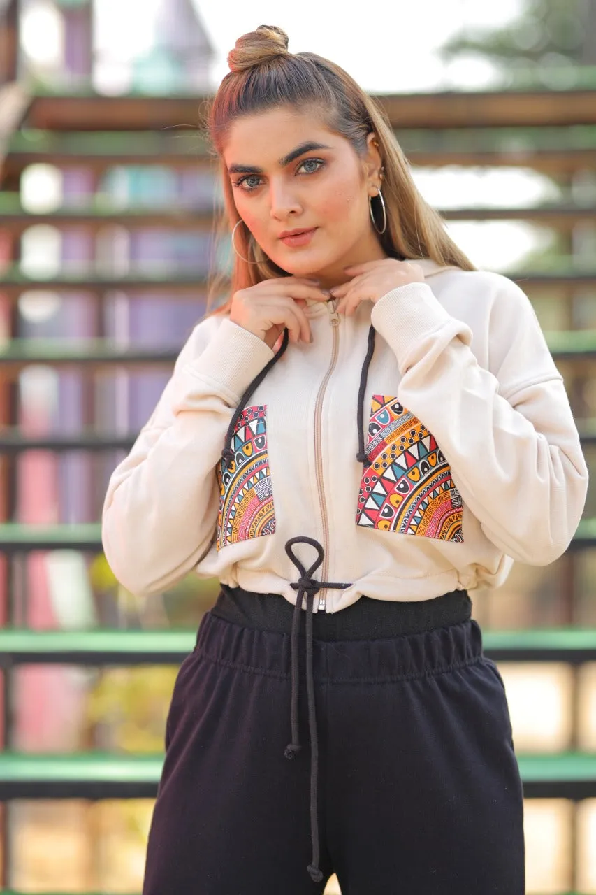LADIES CROP TOP BEIGE WITH FRONT POCKET PRINT