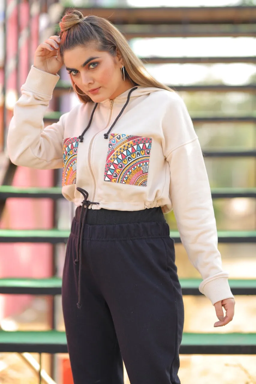 LADIES CROP TOP BEIGE WITH FRONT POCKET PRINT