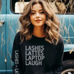 Lashes Lattes Laptop Laugh Women's Sweatshirt: Stylish Arm Detail & Lifestyle Statement