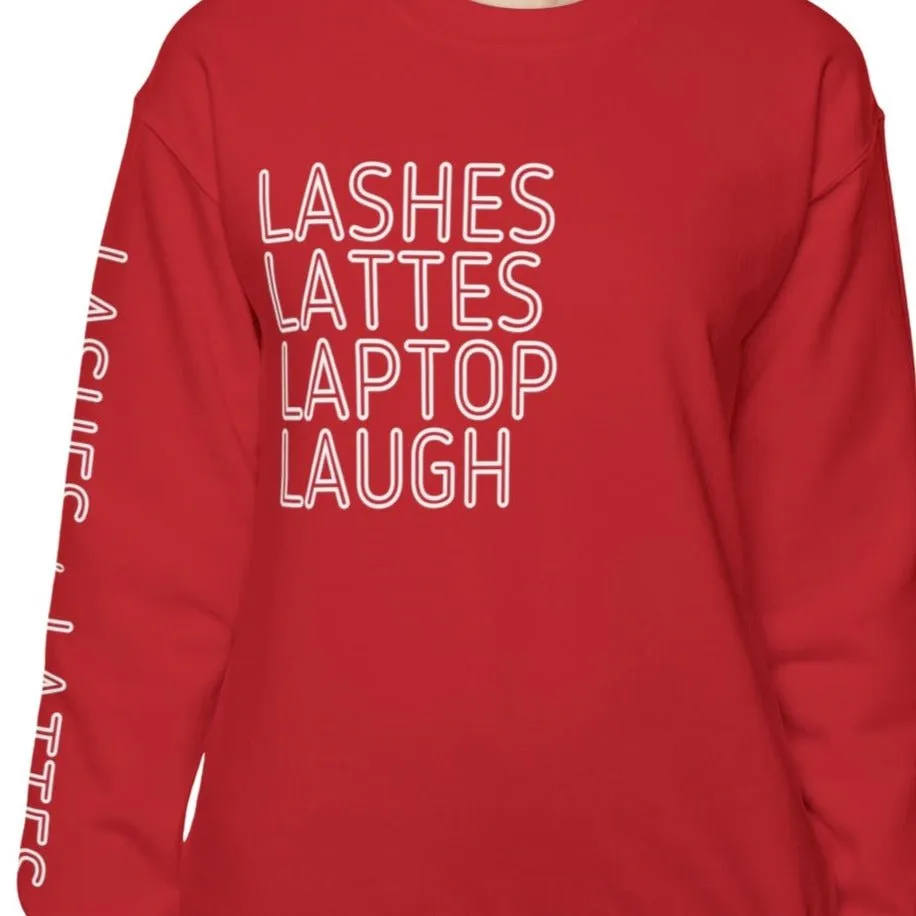 Lashes Lattes Laptop Laugh Women's Sweatshirt: Stylish Arm Detail & Lifestyle Statement