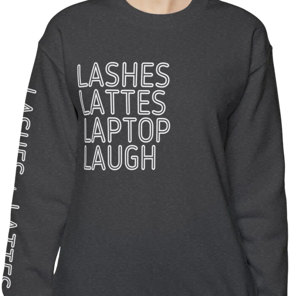 Lashes Lattes Laptop Laugh Women's Sweatshirt: Stylish Arm Detail & Lifestyle Statement