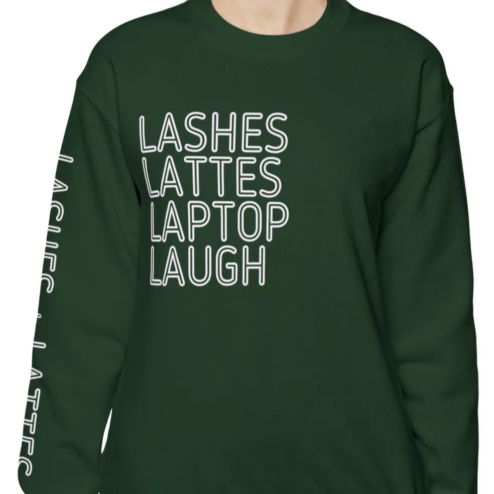 Lashes Lattes Laptop Laugh Women's Sweatshirt: Stylish Arm Detail & Lifestyle Statement