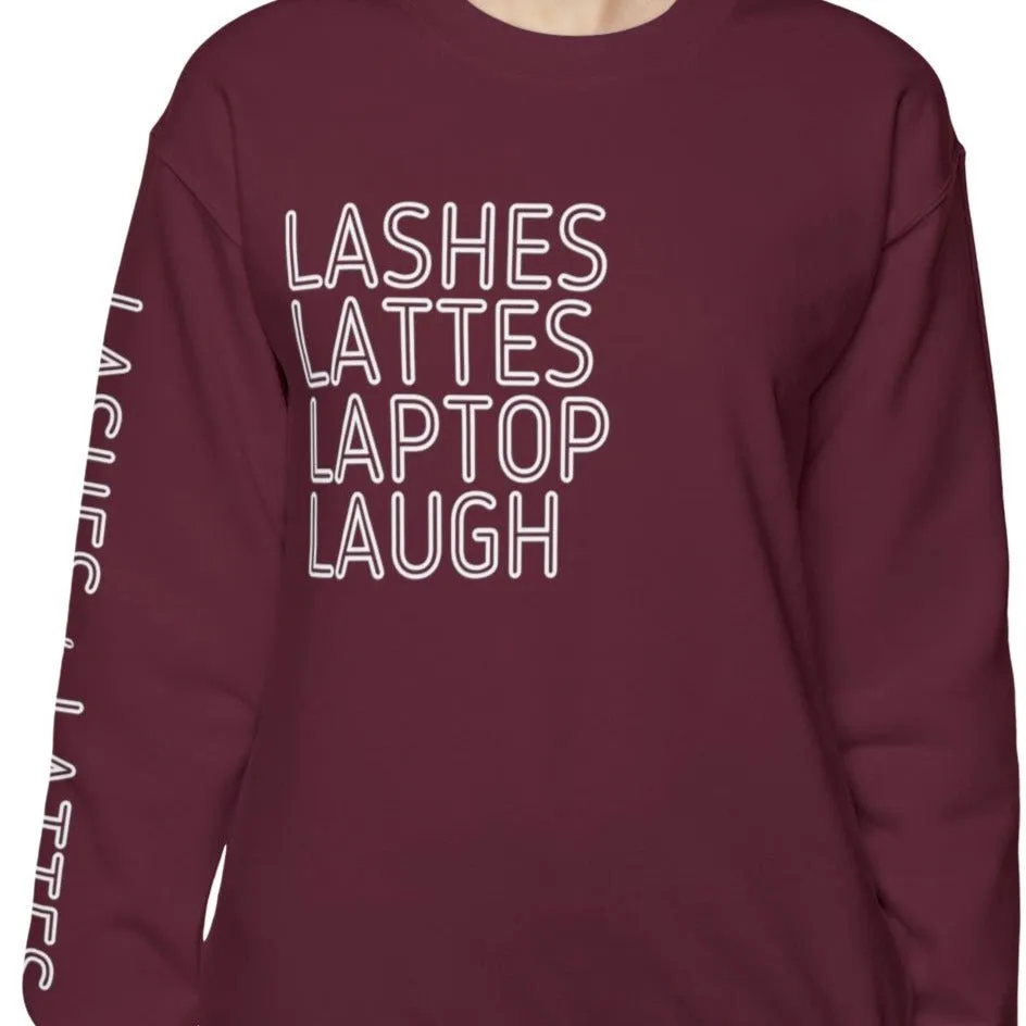 Lashes Lattes Laptop Laugh Women's Sweatshirt: Stylish Arm Detail & Lifestyle Statement