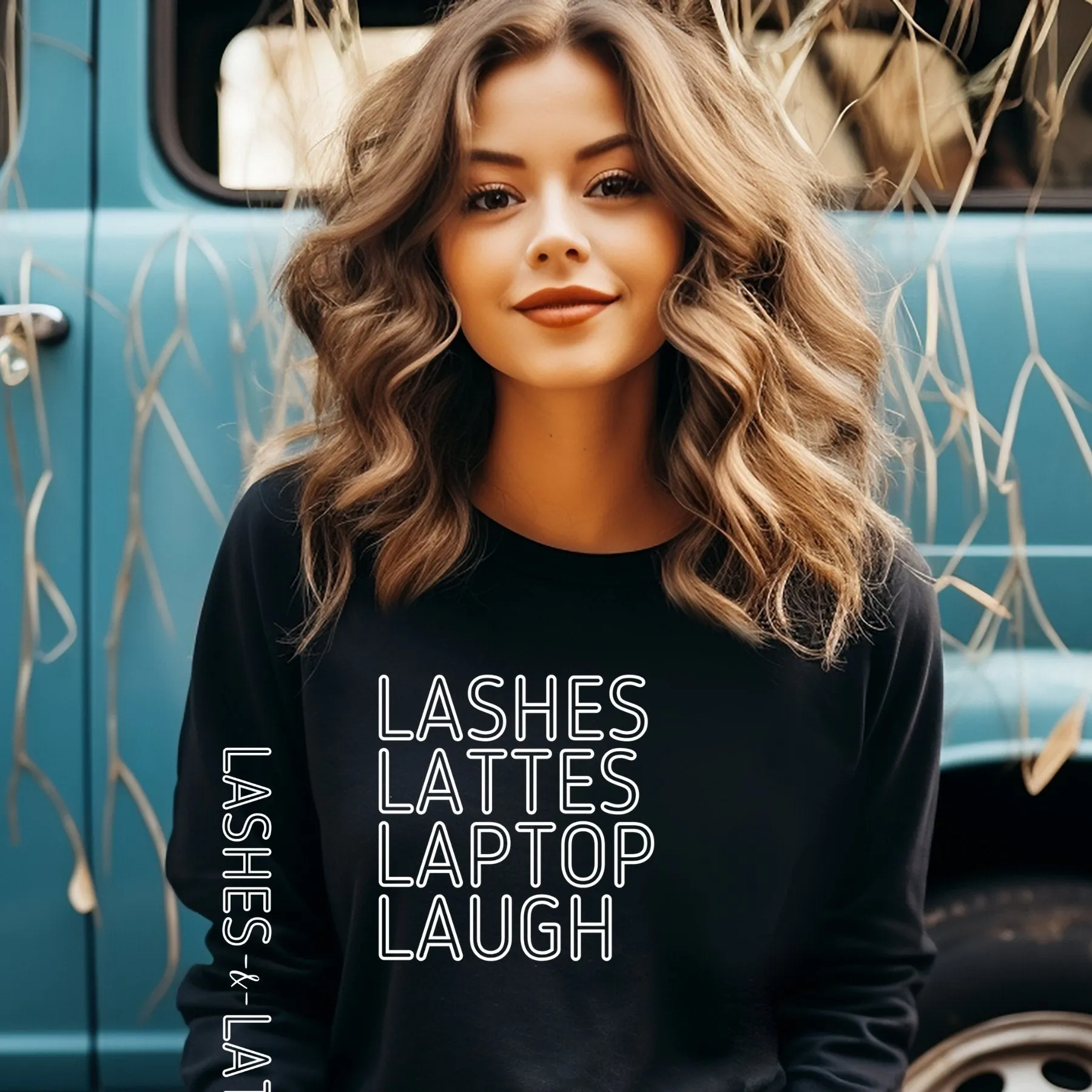 Lashes Lattes Laptop Laugh Women's Sweatshirt: Stylish Arm Detail & Lifestyle Statement