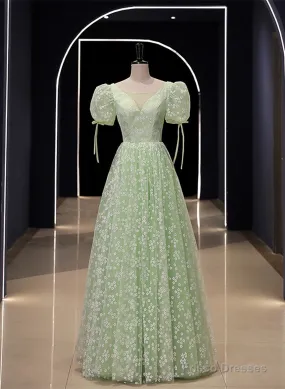 Light Green Floral V-Neckline Short Sleeves Party Dress, A-Line Green Formal Dress
