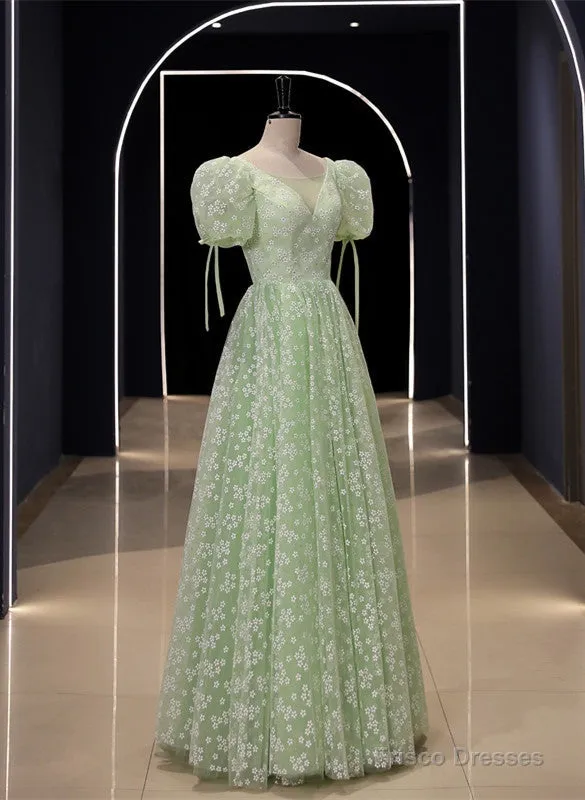 Light Green Floral V-Neckline Short Sleeves Party Dress, A-Line Green Formal Dress