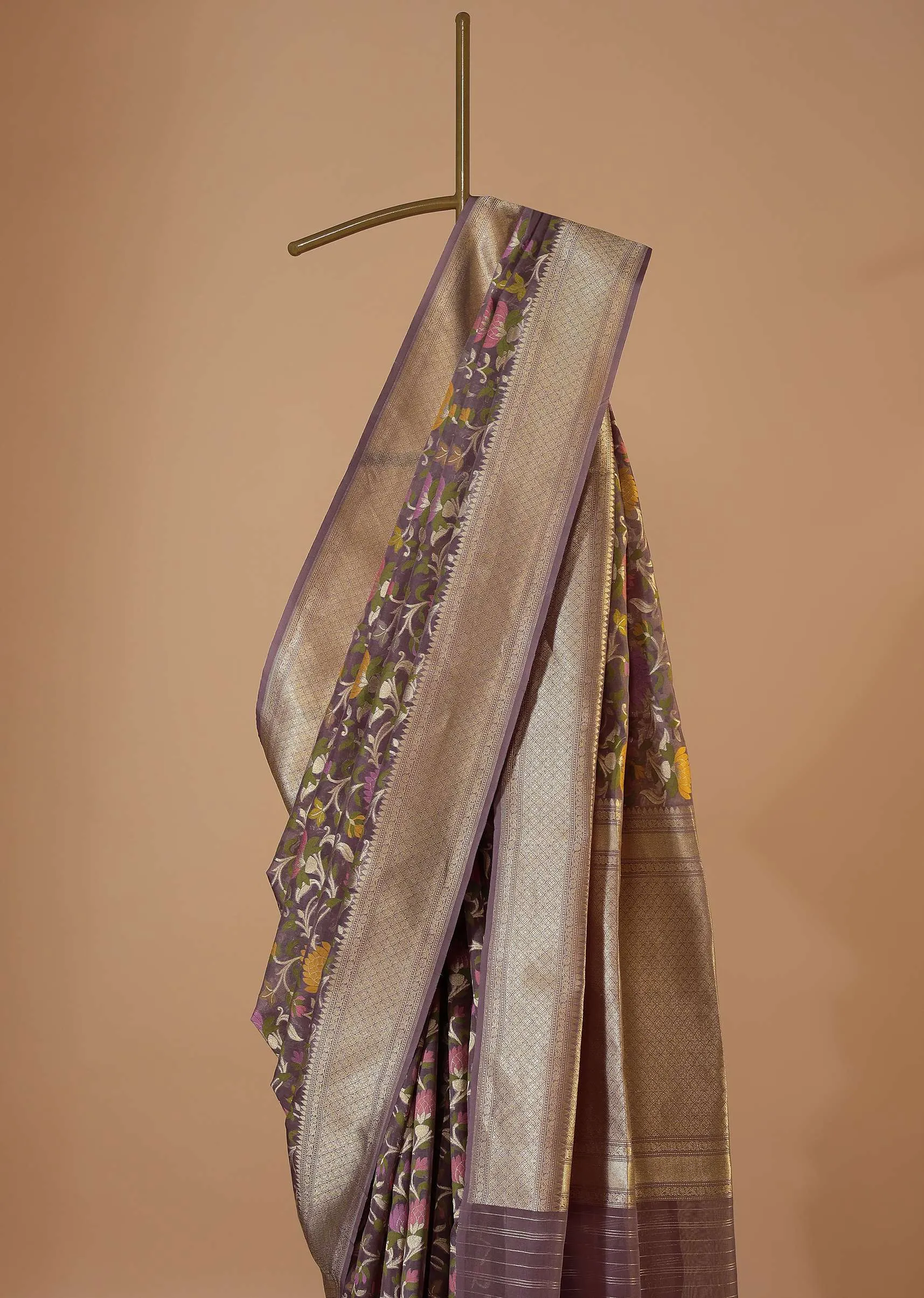 Mauve Purple Handloom Saree In Kora Silk With Kadhva Weave And Unstitched Blouse